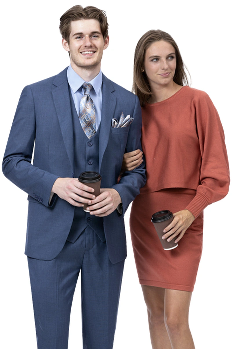 Costume Homme Bleu Nuit Moderne : Élégance Sharkskin avec Gilet, Coupe Ajustée.