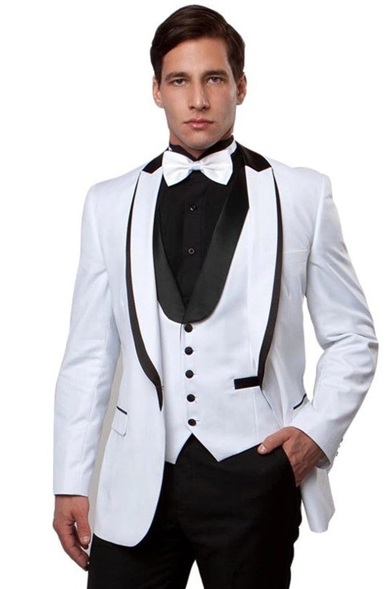 Costume de soirée en satin blanc, élégant revers, parfait pour une touche de sophistication française.